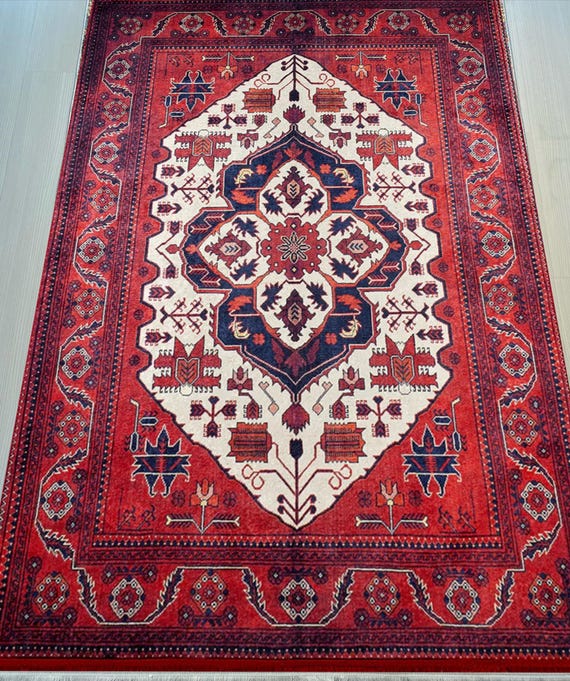 KANADEMONO　Vintage Heriz Rug　160×220 ラグ Red Heriz Style Area Rug: Vintage Medallion Turkish Carpet - Etsy