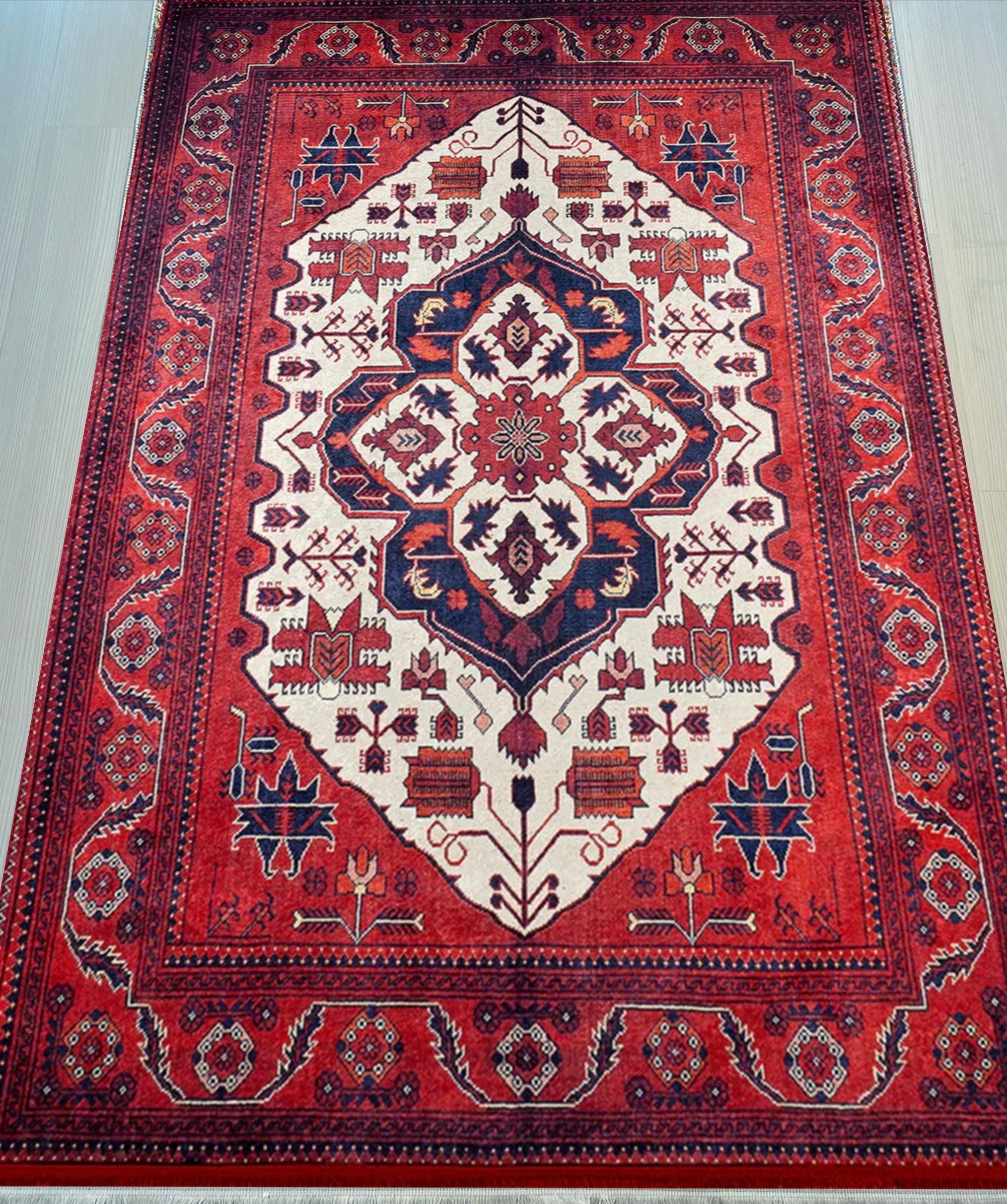 Red Heriz Style Area Rug: Vintage Medallion Turkish Carpet - Etsy