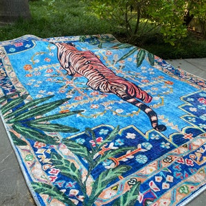 Tiger Rug, Tiger Rug Tibetan, Tiger Rug Blue, Tiger Rug Vintage, Tiger Rug For Living Room, Tiger Pattern Rug, Modern Look Tiger Area Rug