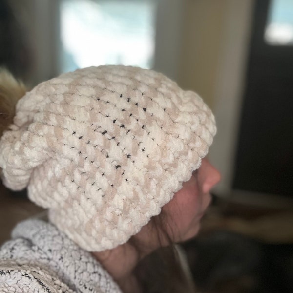 Oversized, soft, cozy, fuzzy women’s winter hat