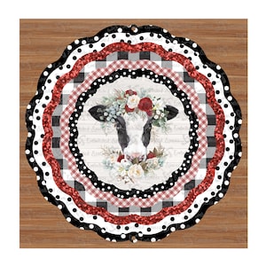 Cow with Red Flowers & Gingham 10&quot; Garden Wind Spinner Yard Art PNG Digital Downloadable Sublimation Design