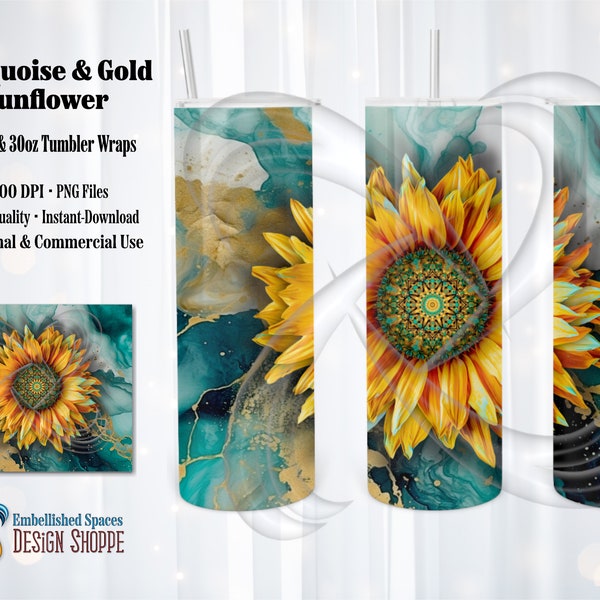 Turquoise & Gold Sunflower Mandala Alcohol Ink Floral Personalizable 20oz + 30oz Skinny Tumbler Wraps PNG Downloadable Sublimation Designs