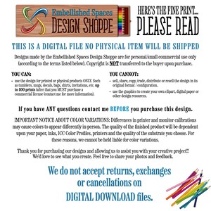 May include: A digital download graphic design shoppe with a colorful background of colored pencils. The text reads "Embellished Spaces Design Shoppe" and "Here's the fine print... Please read". The text also reads "This is a digital file no physical item will be shipped". The text also reads "Designs made by the Embellished Spaces Design Shoppe are for personal/small commercial use only (according to the terms listed below). Copyright is NOT transferred to the buyer upon purchase."