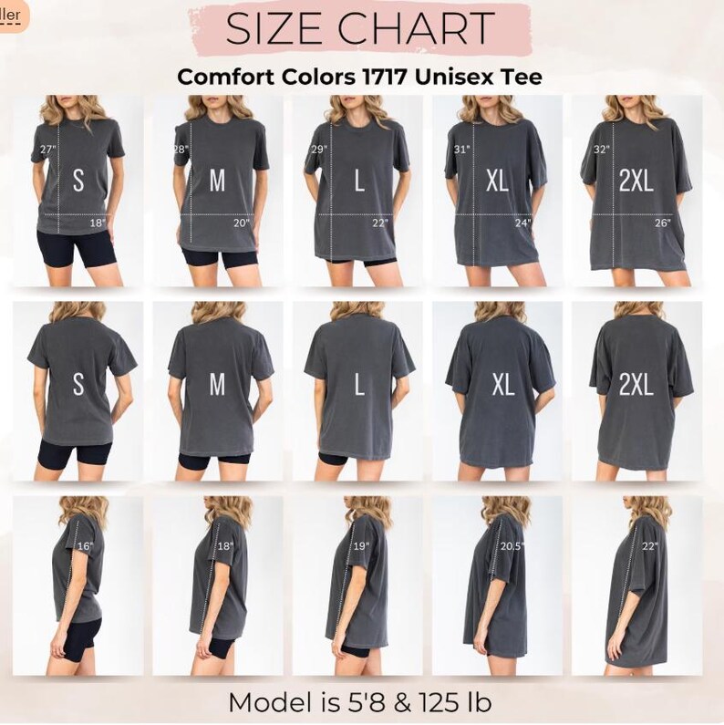 Op de afbeelding: Maattabel voor Comfort Colors 1717 Unisex Tee, met afmetingen voor de maten S, M, L, XL en 2XL. De tabel bevat voor-, achter- en zijaanzichten van de tee. Het model is 173 cm lang en weegt 57 kg.