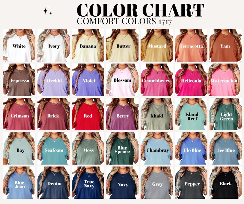 Op de afbeelding: Een kleurenkaart toont een verscheidenheid aan Comfort Colors T-shirts. De kaart toont een reeks tinten, waaronder wit, ivoor en zwart, met de tekst "COLOR CHART COMFORT COLORS 1717" bovenaan.