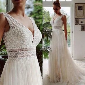 Bridal Gowns-Boho Wedding Dress-Wedding Dress-  Boho Beach Wedding Dresses Lace Ivory Wedding Dresses