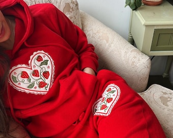 Strawberry Heart Embroidered Valentine's Day Sweatshirt & Sweatpant Matching Set - Women's Galentine's Embroidered Crewneck