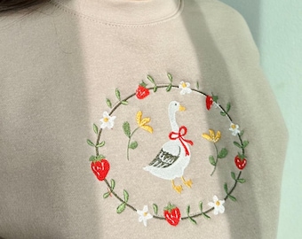 Embroidered Strawberry Goose Sweatshirt - Unisex Heavyweight Embroidered Crewneck