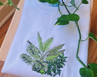 White Botanical Frog Embroidered Crewneck - Unisex Embroidered Pullover - Custom Crewneck - Embroidered Sweatshirt - Hippie Boho Apparel