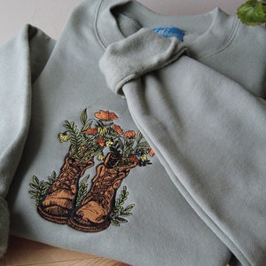 Sage Go Outside Floral Hiking Boots Embroidered Crewneck - Women’s Unisex Fleece Pullover Sweatershirt - Gifts for - Cottagecore - Granola