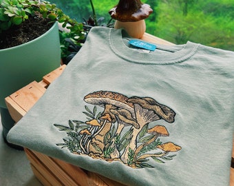 Khaki Fungi Foliage Tee Embroidered - Women’s Unisex 100% cotton t-shirt - Gifts for - Cottagecore - Granola - comfort colors