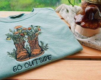 Sage Go Outside Tee Hiking Boots Embroidered - Women’s Unisex 100% cotton t-shirt - Gifts for - Cottagecore - Granola - comfort colors