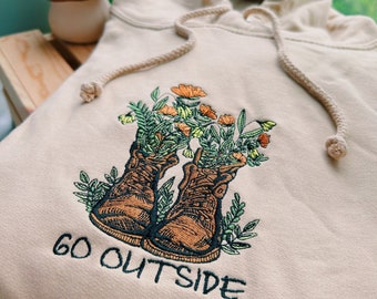 Tan Go Outside Embroidered Hoodie - Unisex Mushroom Floral Fleece Pullover - Hiking Granola - Gifts for Her/ for Him - Cottagecore - Indie