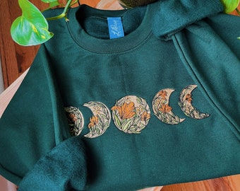 Forest Floral Moon Phase Crewneck - Unisex Embroidered Fleece Pullover - Custom Crewneck - Embroidered Sweatshirt - Mushroom Apparel