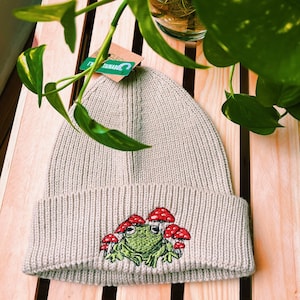 Tan Rib Knit Embroidered Beanie Winter Hat Mushroom Floral Sun & Moon Cottagecore Fall Embroidered Gifts Bee Sustainable image 1