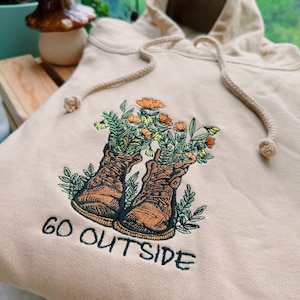 Tan Go Outside Embroidered Hoodie - Unisex Mushroom Floral Fleece Pullover - Hiking Granola - Gifts for Her/ for Him - Cottagecore - Indie