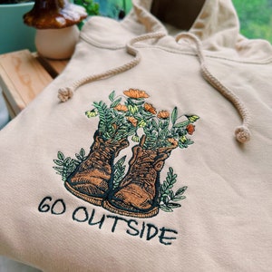 Tan Go Outside Embroidered Hoodie - Unisex Mushroom Floral Fleece Pullover - Hiking Granola - Gifts for Her/ for Him - Cottagecore - Indie