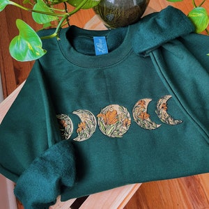 Forest Floral Moon Phase Crewneck - Unisex Embroidered Fleece Pullover - Custom Crewneck - Embroidered Sweatshirt - Mushroom Apparel