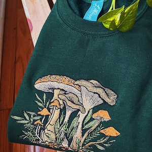 Forest Fungi Foliage Embroidered Crewneck - Unisex Green Fleece Pullover - Custom - Fall Mushroom Sweatshirt - Gifts for her/ for him