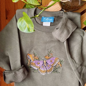 Olive Moth Mushroom Embroidered Crewneck - Unisex Embroidered Fleece Pullover - Custom Crewneck - Embroidered Sweatshirt - Mushroom Apparel