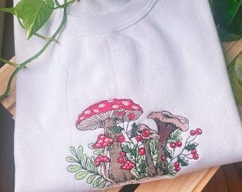 White Winter Mushroom Embroidered Crewneck - Unisex Embroidered Pullover - Custom Crewneck - Embroidered Sweatshirt - Hippie Boho Apparel