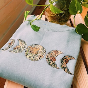 Sage Floral Moon Phase Crewneck - Unisex Embroidered Fleece Pullover - Custom Crewneck - Embroidered Sweatshirt - Mushroom Apparel