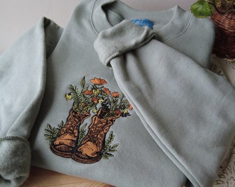 Sage Go Outside Floral Hiking Boots Embroidered Crewneck - Women’s Unisex Fleece Pullover Sweatershirt - Gifts for - Cottagecore - Granola