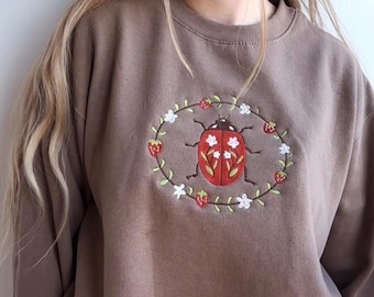 Embroidered Strawberry Ladybug Women's Boxy Fit Sweatshirt - Artisan Made Embroidered Crewneck