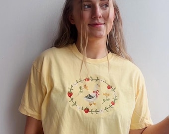 Embroidered Strawberry Silly Goose Women’s Boxy Tee – Cottagecorecore Cotton T-Shirt