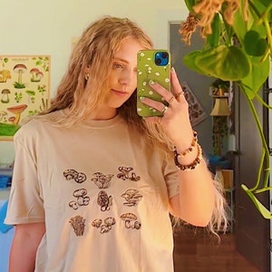 Edible Mushrooms Embroidered T-Shirt - Unisex Fall Foliage Short Sleeve Top - Gifts for Him - For Her - Handmade Indie Cottagecore Printed T