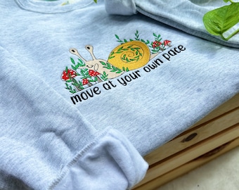 Move at Your Own Pace Mushroom Crewneck - Unisex Embroidered Fleece Pullover - Custom Crew - Embroidered Sweatshirt - Hippie Boho Apparel