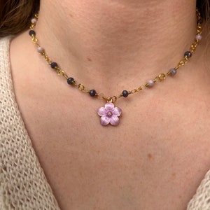 Floral Amethyst Beaded Adjustable Gold Necklace, Earthy Wire Wrapped Jewelry, Dainty Boho Layering Choker, Glass Bead Hippy Jewelry