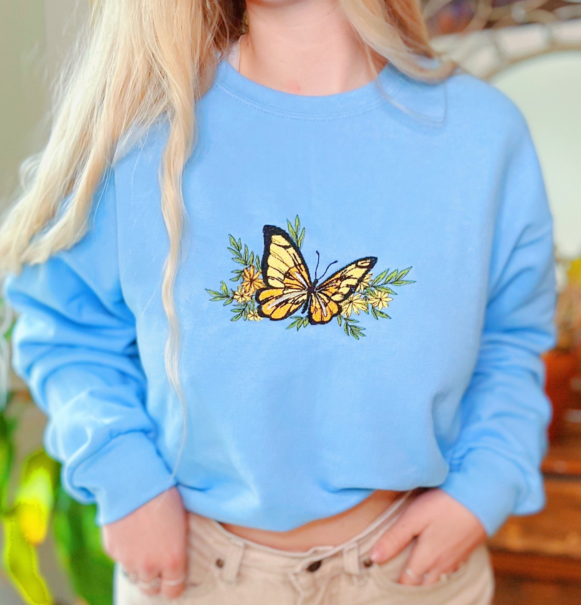 Light Blue Butterfly Embroidered Crewneck Unisex Embroidered Fleece Pullover Custom Crewneck Embroidered Sweatshirt Mushroom Apparel Etsy