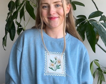 April Daisy Baby Blue Embroidered Sweatshirt - Women's Boxy Fit, Fleece Heavyweight Crewneck