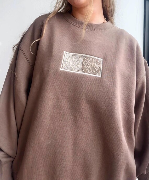 Mocha Brown By the Sea Shell Embroidered Sweatshirt - Women's Boxy Fit, Fleece Heavyweight Crewneck