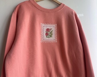 June Birth Flower: Rose Stamp Embroidered Sweatshirt - Women's Boxy Fit, Fleece Heavyweight Crewneck