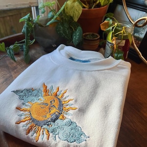 White Sun & Moon Embroidered Crewneck - Unisex Embroidered Fleece Pullover - Custom Crewneck - Embroidered Sweatshirt - Mushroom Apparel