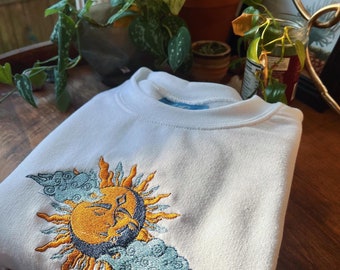 White Sun & Moon Embroidered Crewneck - Unisex Embroidered Fleece Pullover - Custom Crewneck - Embroidered Sweatshirt - Mushroom Apparel