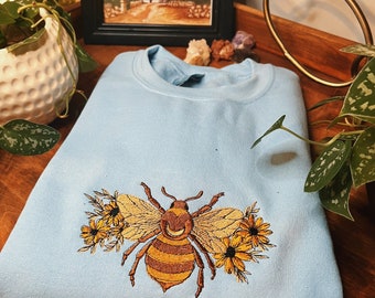 Light Blue Bumble Bee Crewneck - Unisex Embroidered Boho Fleece Pullover - Custom Crewneck - Embroidered Sweatshirt - Hippie Apparel