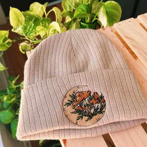 Tan Rib Knit Embroidered Beanie Winter Hat Mushroom Floral Sun & Moon Cottagecore Fall Embroidered Gifts Bee Sustainable image 2