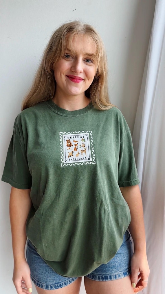 Unisex ‘Respect the Locals’ Stamp Embroidered Cotton Tee - Woodland Hiking T-Shirt