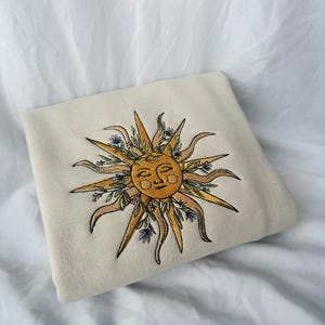 Embroidered Sun Crewneck – Tan Floral Celestial Sweatshirt
