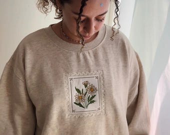 April Daisy Beige Embroidered Sweatshirt - Women's Boxy Fit, Fleece Heavyweight Crewneck