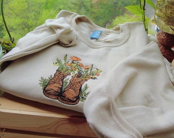 Tan Go Outside Floral Hiking Boots Embroidered Crewneck - Unisex Embroidered Pullover - Custom Crewneck - Embroidered Sweatshirt -