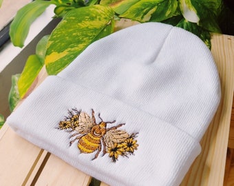 Floral Bumble Bee Beanie - Embroidered Beanie - Boho Beanie - Winter Hat - Hippie Bee Hat - Embroidered Accessory