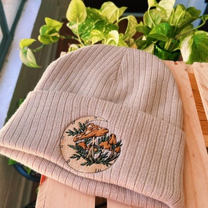 Tan Rib Knit Embroidered Beanie Winter Hat Mushroom Floral Sun & Moon Cottagecore Fall Embroidered Gifts Bee Sustainable image 3