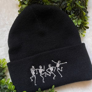 Skeleton Embroidered Beanie - Spooky Embroidery - Boho hippy Beanie - Embroidered Winter Hats - Christmas Gift Idea - Custom Beanie