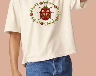 Embroidered Strawberry Ladybug Women’s Boxy Tee – Cottagecorecore Cotton T-Shirt