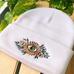 Floral Evil Eye Beanie - Embroidered Beanie - Boho Beanie - Winter Hat - Mushroom Hat - Embroidered Accessory