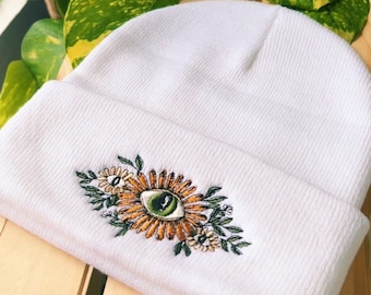 Floral Evil Eye Beanie - Embroidered Beanie - Boho Beanie - Winter Hat - Mushroom Hat - Embroidered Accessory